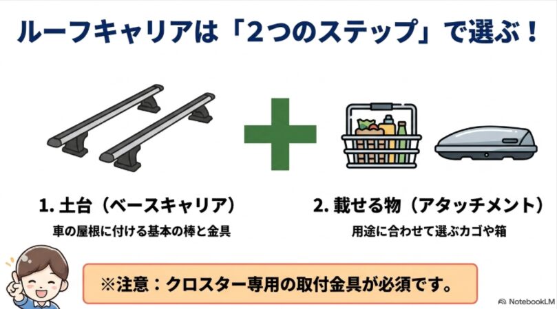 新型フリードクロスターのルーフキャリアはベースキャリアとラックまたはルーフボックスの2段階で選ぶ