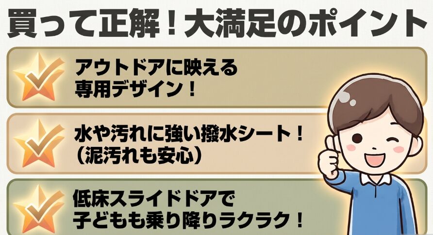 新型フリードクロスターの専用デザインや撥水シート、低床スライドドアの満足点をまとめた図解