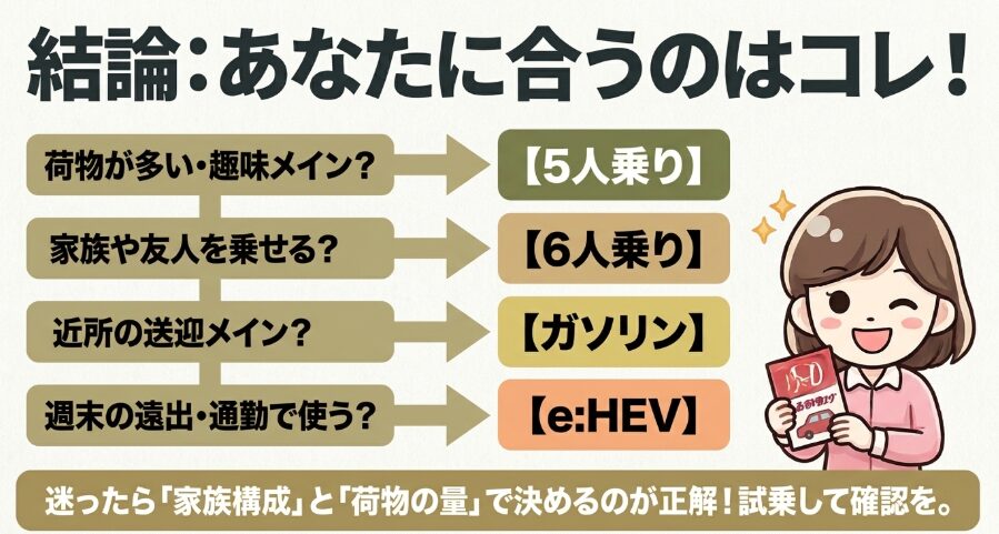 新型フリードクロスターは荷物量や家族構成、走行距離で5人乗りや6人乗り、ガソリンやeHEVを選ぶ図解