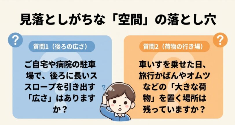 スロープを広げるための車両後方スペースと、車いす乗車時の旅行かばんや介護用品の置き場所を確認する図