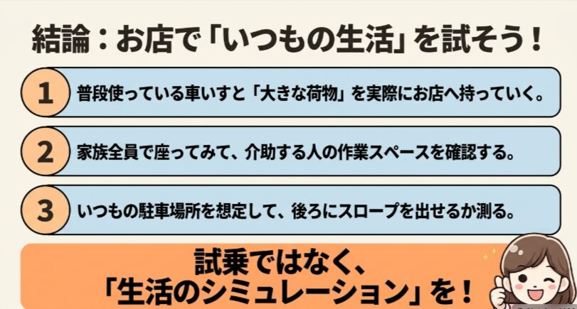 車いすのまま乗る人にはスロープ仕様、助手席へ移乗できる人にはリフトアップシート仕様が向くことを示す比較図