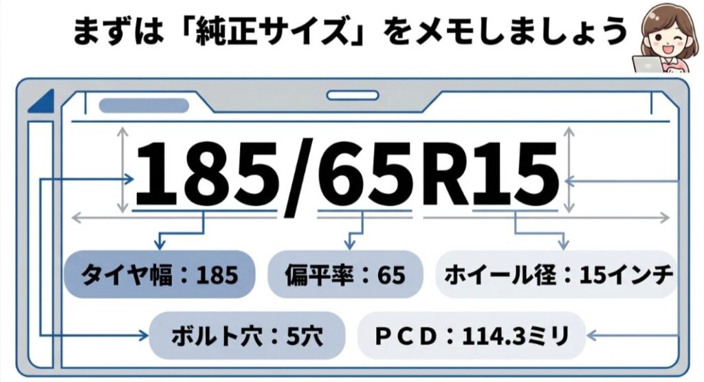 純正タイヤ185/65R15と5穴、PCD114.3mmの見方を示した図