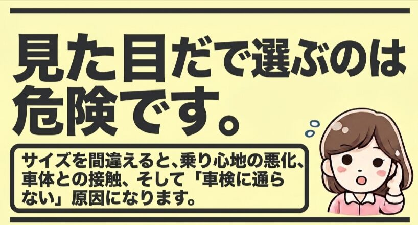タイヤやホイールを見た目だけで選ぶと、乗り心地や車体との干渉、車検に影響する可能性を示した注意画像