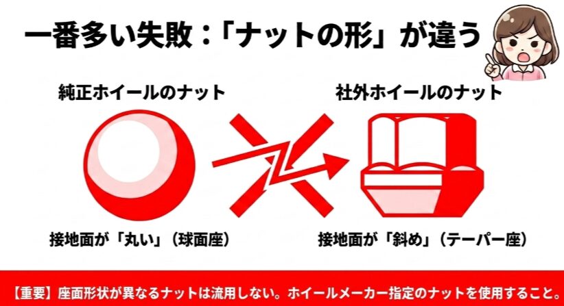 純正ホイールの球面座ナットと社外ホイールに多いテーパー座ナットの違いを示した図