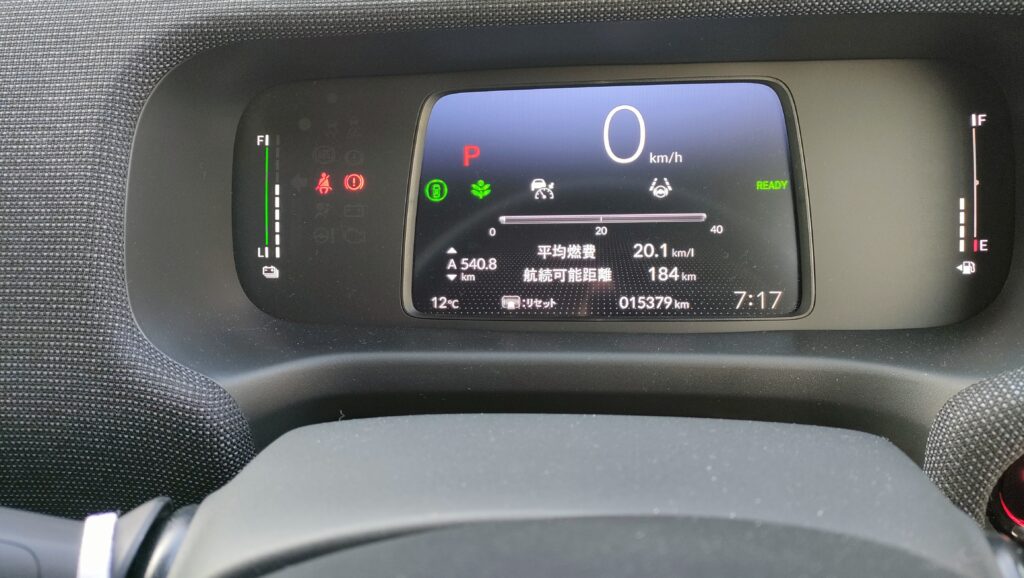 新型フリードe:HEVのデジタルメーターに表示された平均燃費20.1km/L