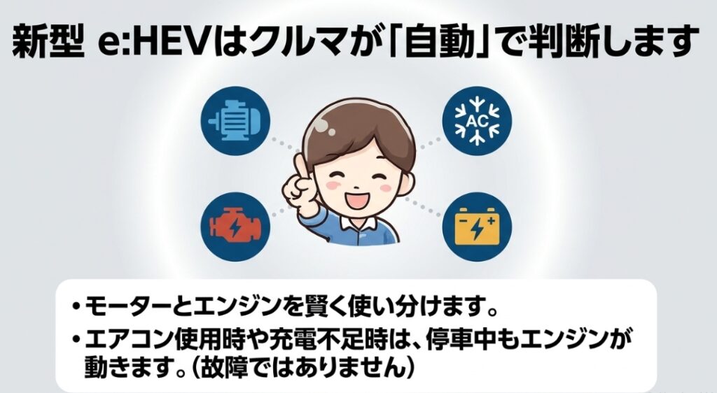 新型フリードeHEVが空調や充電状態に応じてモーターとエンジンを自動制御する仕組み