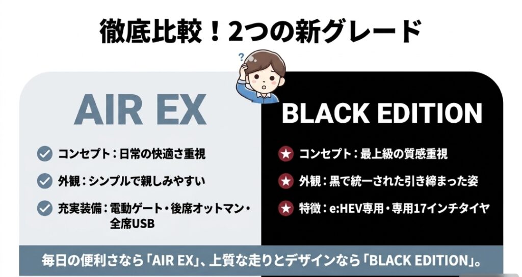 AIR EXの実用装備とBLACK EDITIONの専用加飾や17インチタイヤを比較