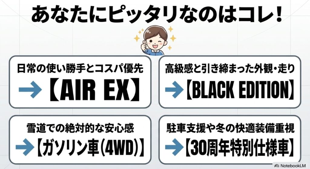 AIR EX、BLACK EDITION、ガソリン4WD、30周年特別仕様車を使用目的別に分類した図