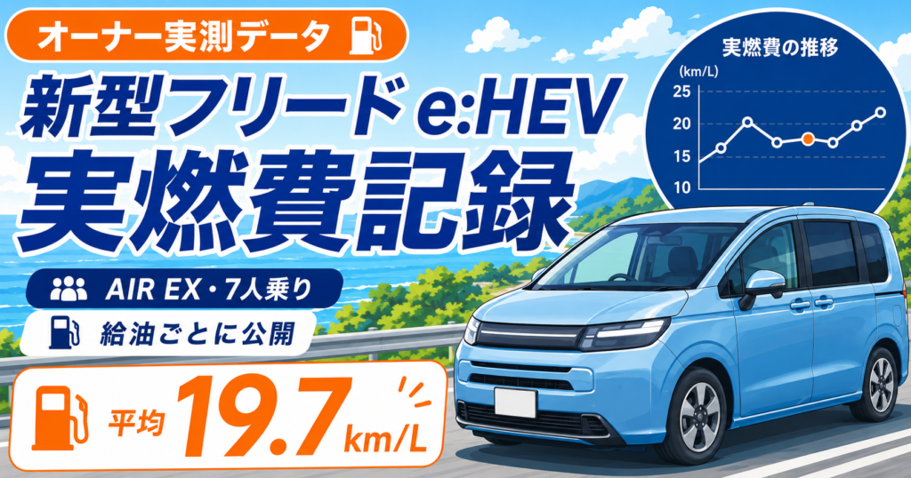 新型フリードe:HEV AIR EX 7人乗りの実燃費記録を示すイラスト。平均実燃費19.7km/Lと給油ごとの燃費推移を掲載