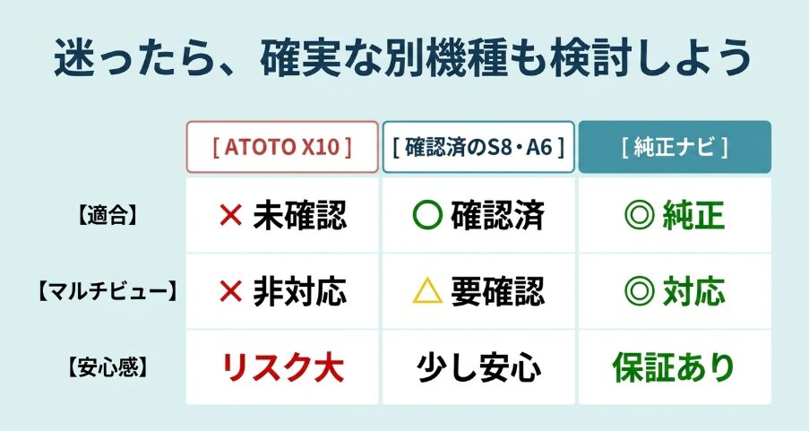 ATOTO X10と確認済みS8・A6と純正ナビの適合やマルチビュー対応を比較した表