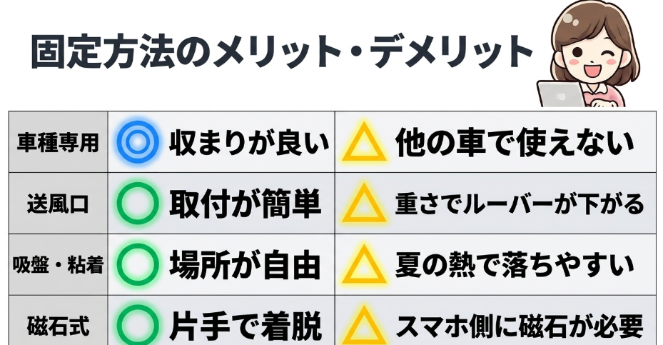 車種専用送風口吸盤粘着磁石式スマホホルダーのメリットとデメリット比較