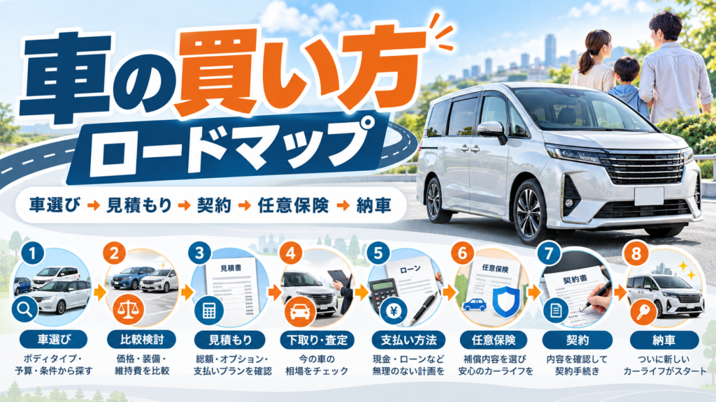 車選びから見積もり、下取り査定、支払い方法、任意保険、契約、納車までの流れを示した車の買い方ロードマップ