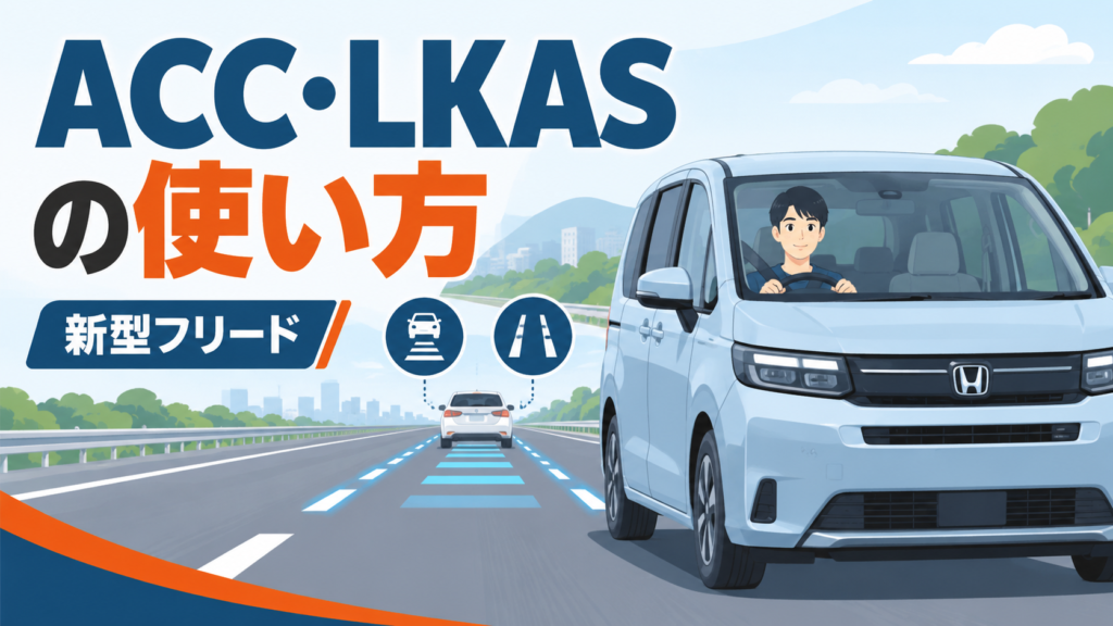 新型フリードの運転者と車間距離・車線維持の概念を描いたイラスト