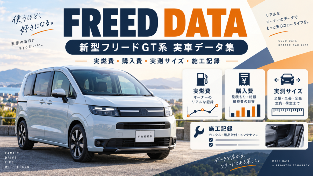 新型フリードGT系の実車データ集をイメージしたアイキャッチ画像。ホンダ新型フリードと、実燃費・購入費・実測サイズ・施工記録の情報を紹介している。