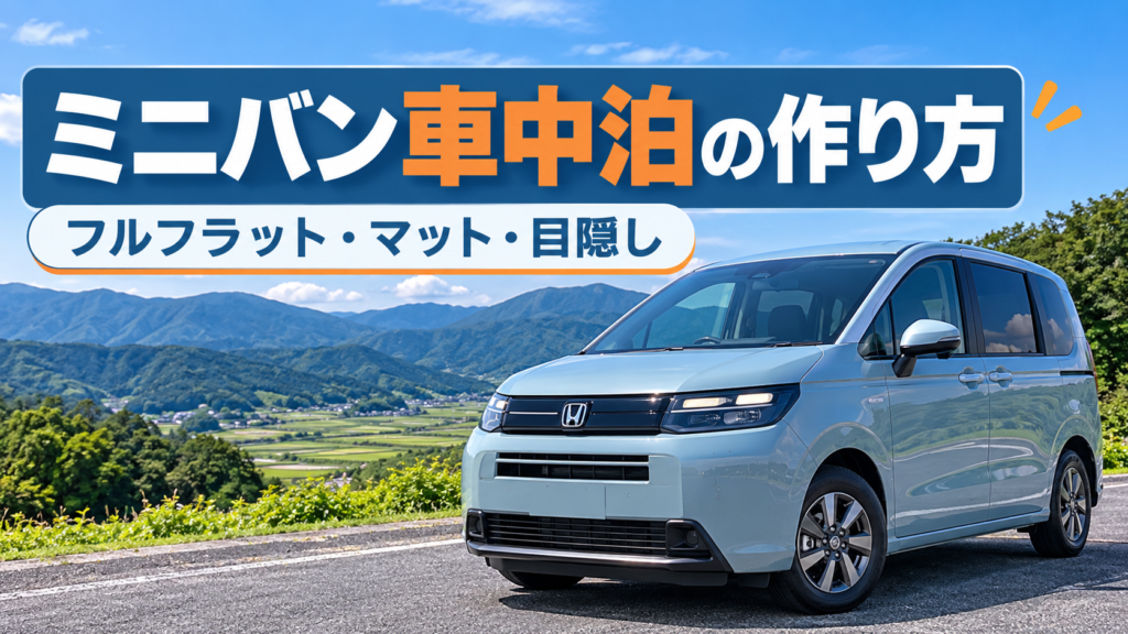 山間部に停めた新型フリード実車を背景に、ミニバン車中泊のフルフラット化・マット・目隠しの選び方を示したアイキャッチ画像