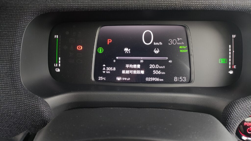 新型フリードGT系e:HEVのメーターに表示された平均燃費20.0km/Lと航続可能距離506km