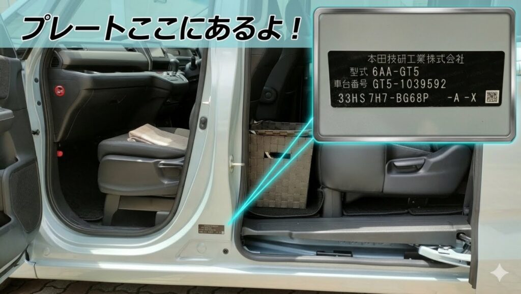 新型フリードGT系の車両プレートがある場所を助手席側ドア開口部で示した画像