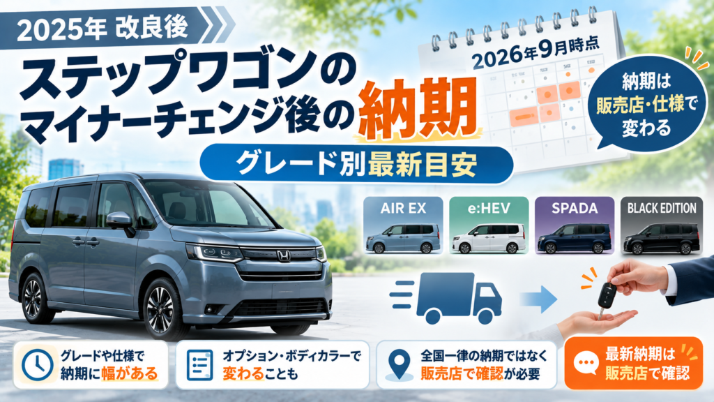 2026年のステップワゴンでマイナーチェンジ後の納期とAIR EX・e:HEV・SPADAなどグレード別の確認ポイントを解説した画像