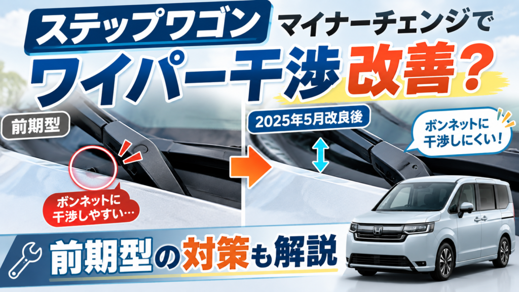 2025年マイナーチェンジ前後のステップワゴンで助手席側ワイパーアームとボンネットの干渉を比較した画像