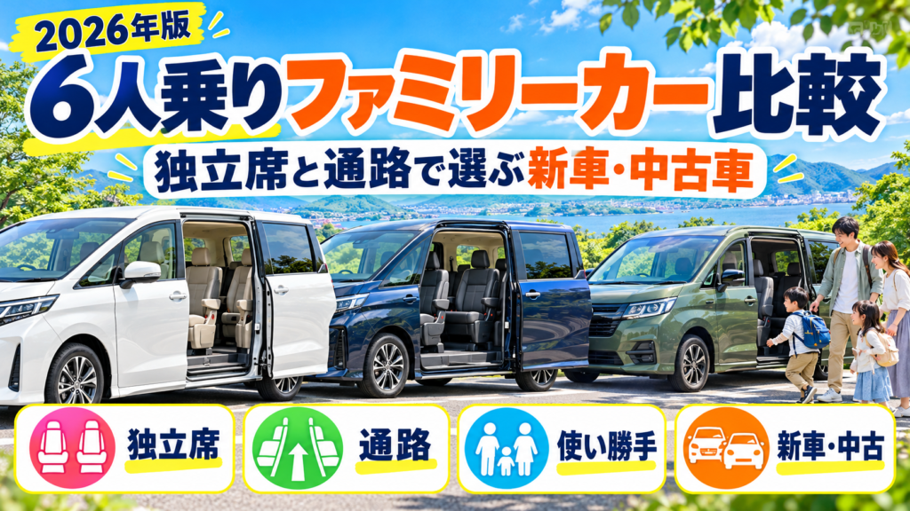 6人乗りファミリーカーを独立席・3列目への通路・使い勝手・新車と中古車で比較するアイキャッチ画像