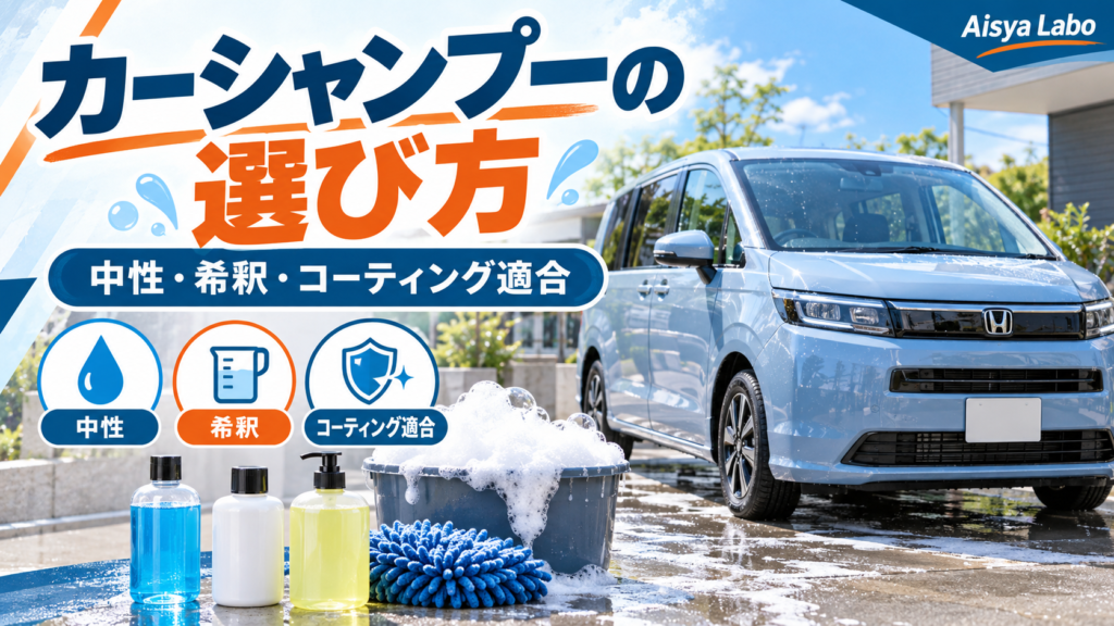 カーシャンプーの選び方を紹介するアイキャッチ。泡立ったバケツと無地のシャンプーボトル、洗車ミット、新型フリードを背景に、中性・希釈・コーティング適合の比較ポイントを表現した画像