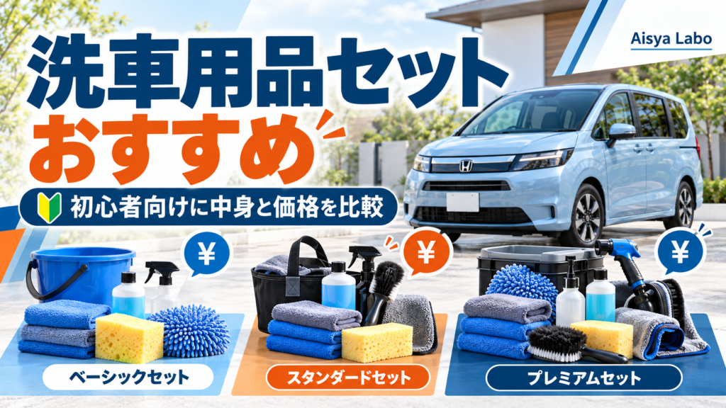 洗車用品セットおすすめのアイキャッチ。新型フリードを背景に、初心者向けのベーシック・スタンダード・プレミアムの3種類の洗車用品セットを並べ、中身と価格の比較をイメージ