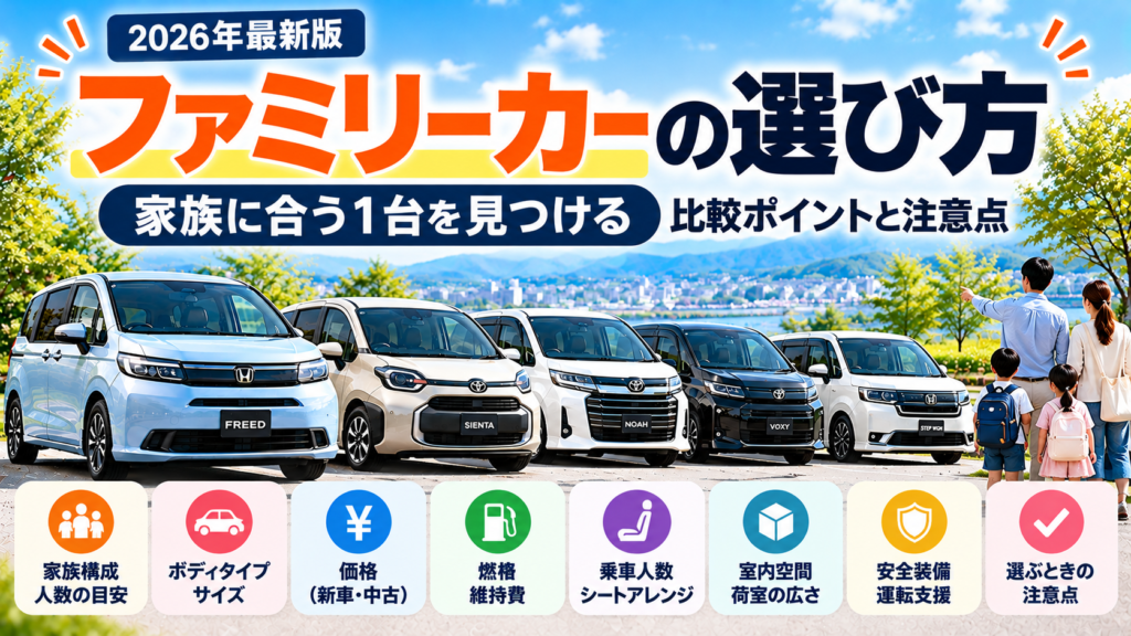 2026年のファミリーカー選びで家族構成・価格・燃費・乗車人数・室内空間・安全装備を比較するアイキャッチ画像