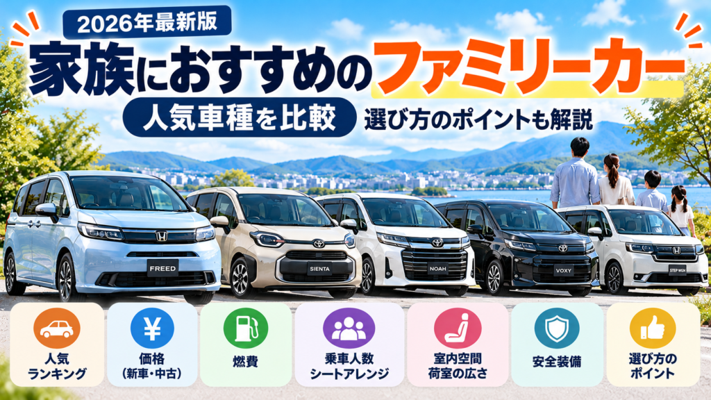 ファミリーカーを価格・燃費・乗車人数・室内空間・安全装備などで比較するアイキャッチ画像