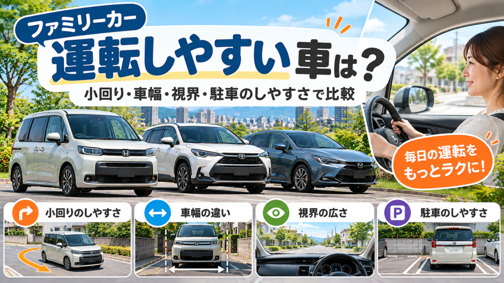 運転しやすいファミリーカーを小回り・車幅・視界・駐車のしやすさで比較するアイキャッチ画像