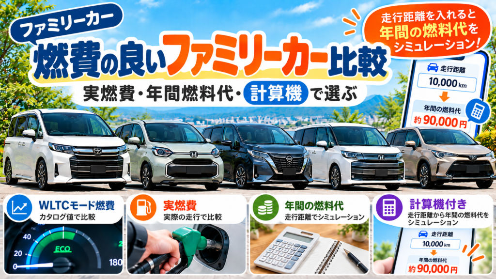 燃費の良いファミリーカーをWLTCモード燃費・実燃費・年間燃料代で比較し、走行距離から燃料代をシミュレーションできる計算機付き記事のアイキャッチ画像