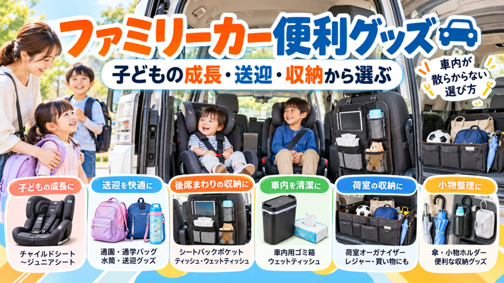 ファミリーカー向けの便利グッズを、子どもの成長や送迎、後席収納、荷室整理、小物収納の視点で紹介するアイキャッチ画像