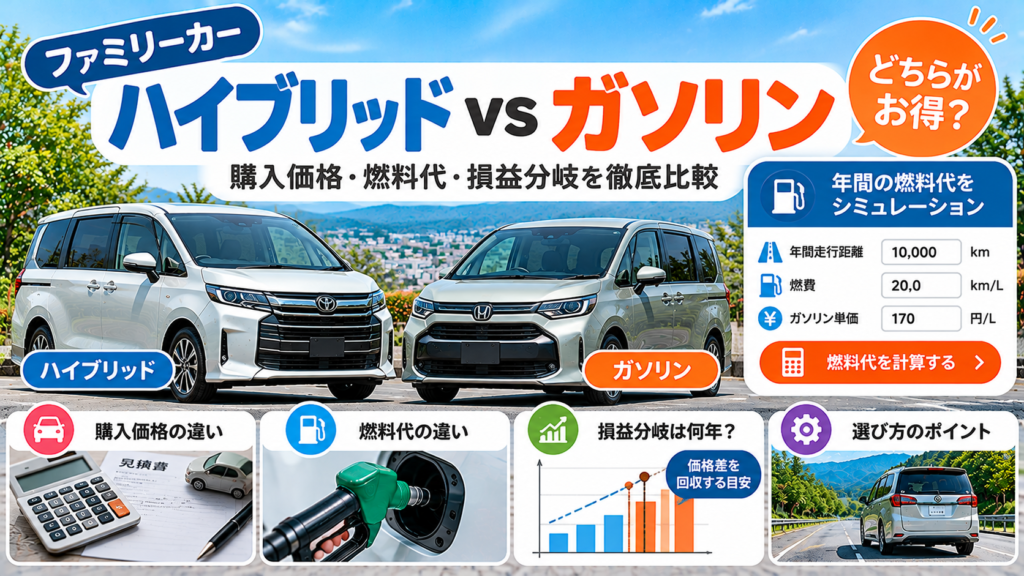 ハイブリッドとガソリンのファミリーカーを購入価格・燃料代・損益分岐で比較し、年間燃料代をシミュレーションできるアイキャッチ画像