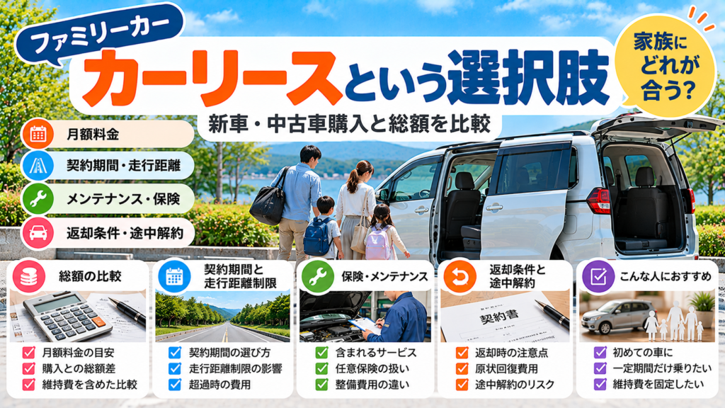 ファミリーカーのカーリースと購入を、月額料金・総額・契約期間・走行距離制限・保険・メンテナンス・返却条件・途中解約で比較するアイキャッチ画像