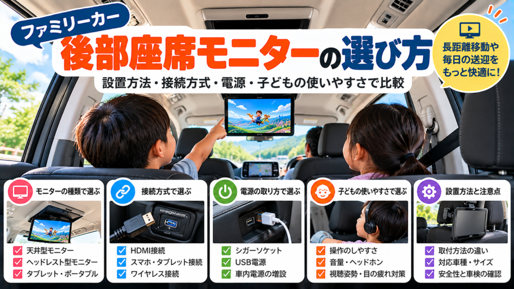 ファミリーカーの後席モニターを、天井型・ヘッドレスト型・タブレット型や接続方式・電源・子どもの使いやすさで比較するアイキャッチ画像