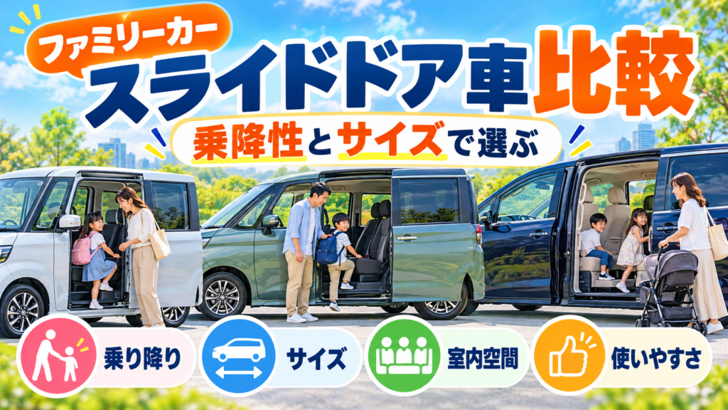 ファミリーカーのスライドドア車を乗り降りのしやすさ・車体サイズ・室内空間・使いやすさで比較するアイキャッチ画像