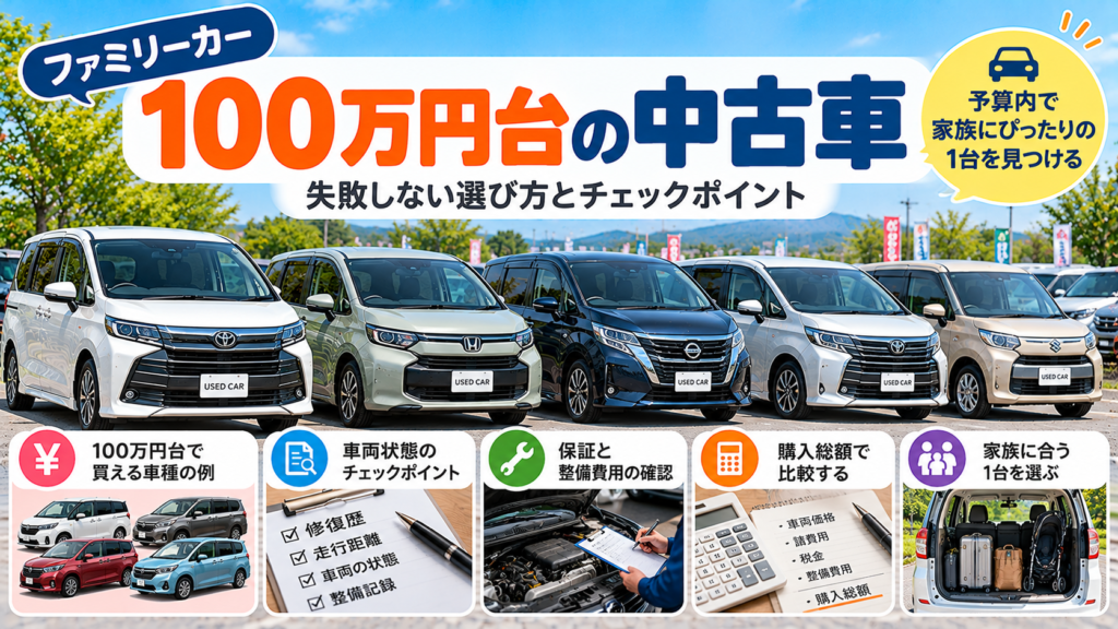 100万円台の中古ファミリーカーを、車両状態・修復歴・走行距離・保証・整備費用・購入総額の確認ポイントで比較するアイキャッチ画像