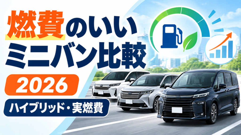 燃費のいいミニバンを比較する2026年向けアイキャッチ。複数のミニバンと燃料・燃費を示すグラフィックを配置