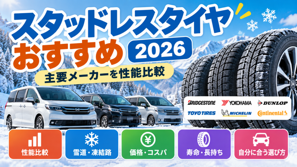 雪山を背景にスタッドレスタイヤとミニバンを配置し、氷上性能・雪上性能・乾燥路性能・長持ち・価格・サイズ適合を比較する2026年おすすめガイドのアイキャッチ画像